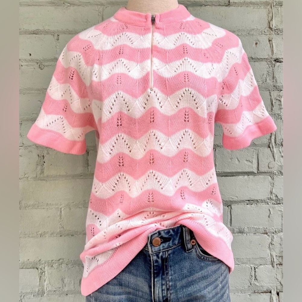 Vintage Striped Short Sleeve Sweater with Pink and White Zig Zag